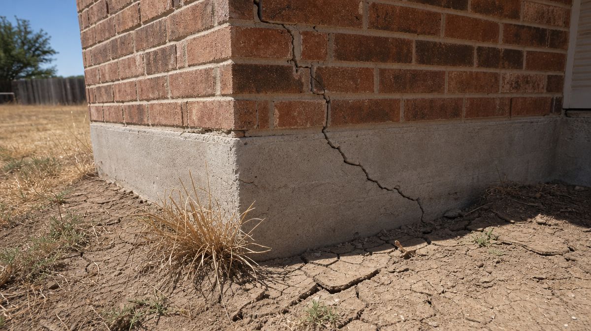 Structural foundation damage on a Tulsa home caused by summer heat and drought — diagonal cracks in concrete slab with dried clay soil