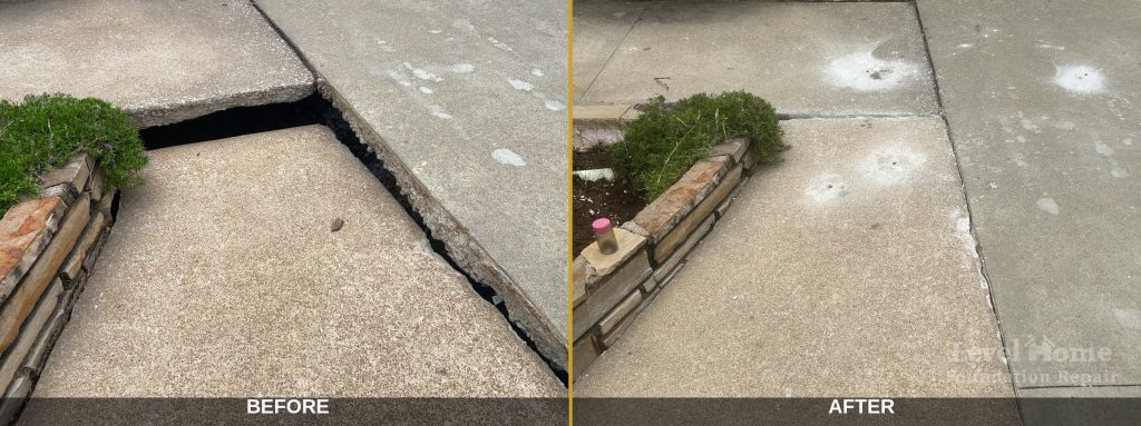 Before and after poly foam concrete leveling on a sunken slab in Tulsa Oklahoma — Level Home Foundation Repair