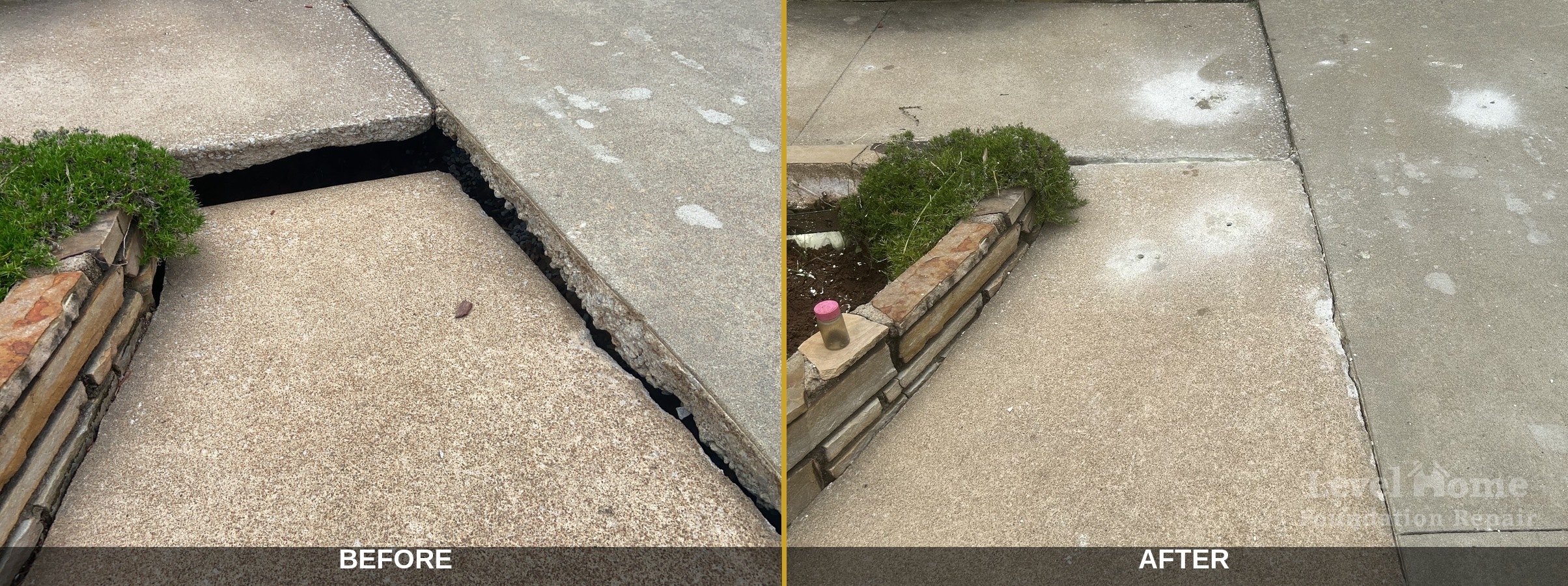 Before and after poly foam concrete leveling on a sunken slab in Tulsa Oklahoma — Level Home Foundation Repair