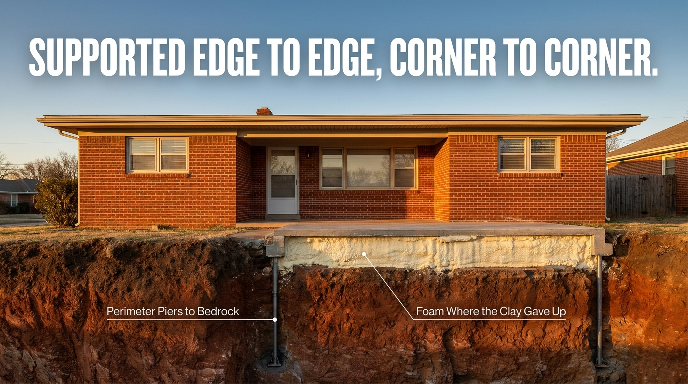 Foundation supported edge to edge with perimeter piers to bedrock and poly foam filling voids under slab — Level Home Foundation Repair Tulsa