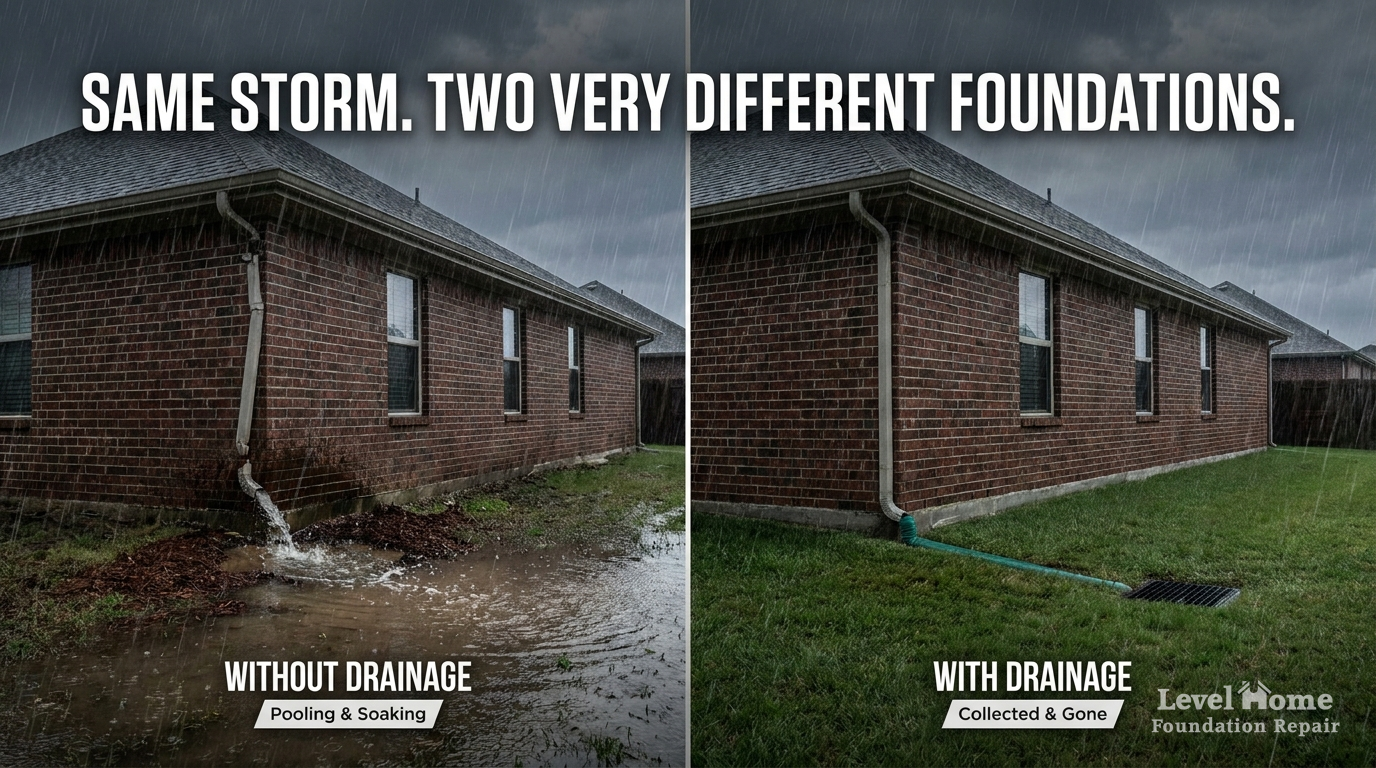 Before and after comparison showing the same Tulsa storm with and without proper foundation drainage — pooling versus collected and redirected water