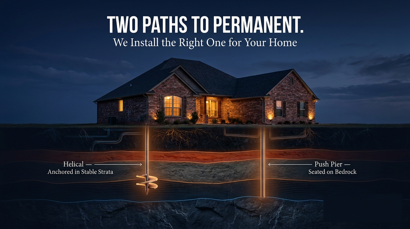 Two paths to permanent foundation repair — helical piers anchored in stable strata and push piers seated on bedrock — Level Home installs the right one for your home