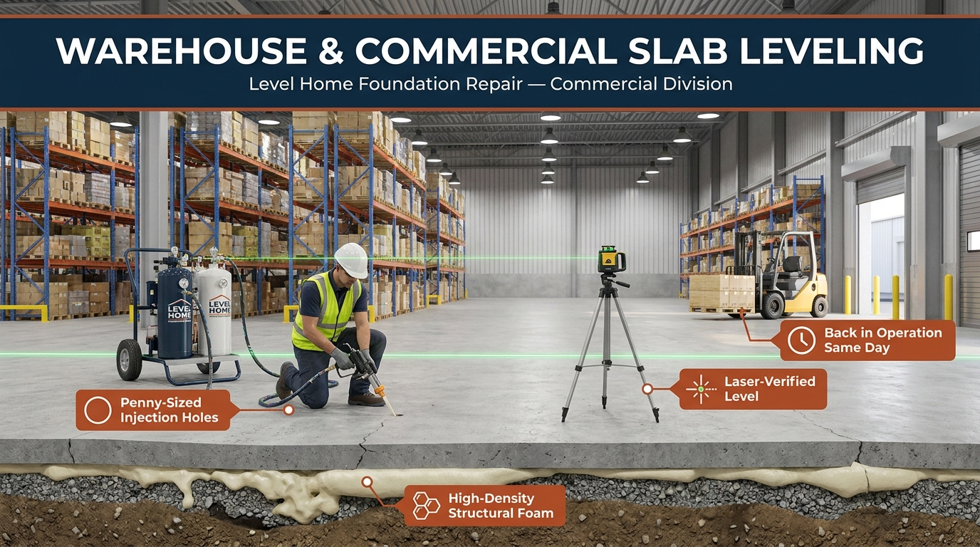 Warehouse commercial slab leveling with polyurethane foam injection and laser-verified leveling by Level Home Foundation Repair