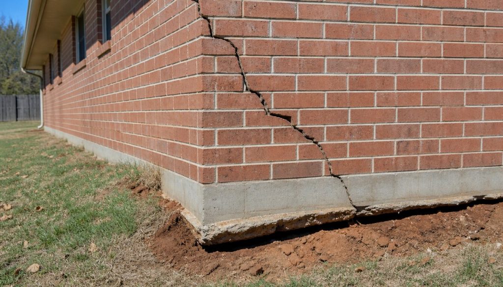Structural foundation damage on Tulsa home caused by plumbing leak - diagonal cracks in brick wall near foundation