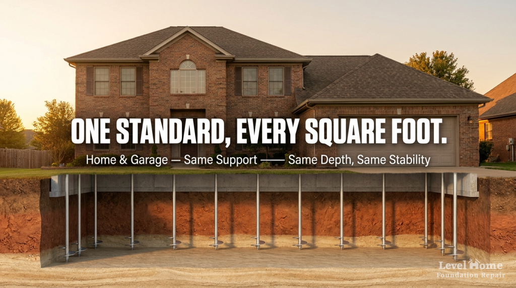 Pre-construction helical pile installation on Tulsa Oklahoma job site with Level Home Foundation Repair watermark