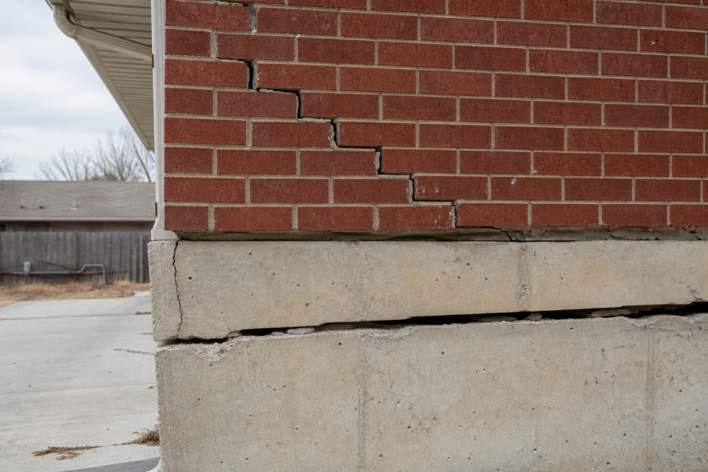 Structural damage on a Tulsa home showing diagonal stair-step cracks through brick mortar and foundation wall displacement