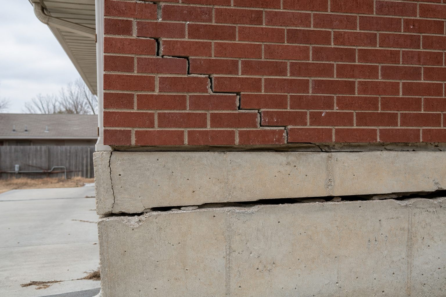 Structural damage on a Tulsa home showing diagonal stair-step cracks through brick mortar and foundation wall displacement