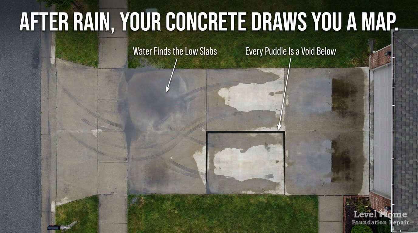 Aerial view of water ponding on settled concrete driveway in Tulsa showing where slabs have sunk and voids have formed beneath the surface