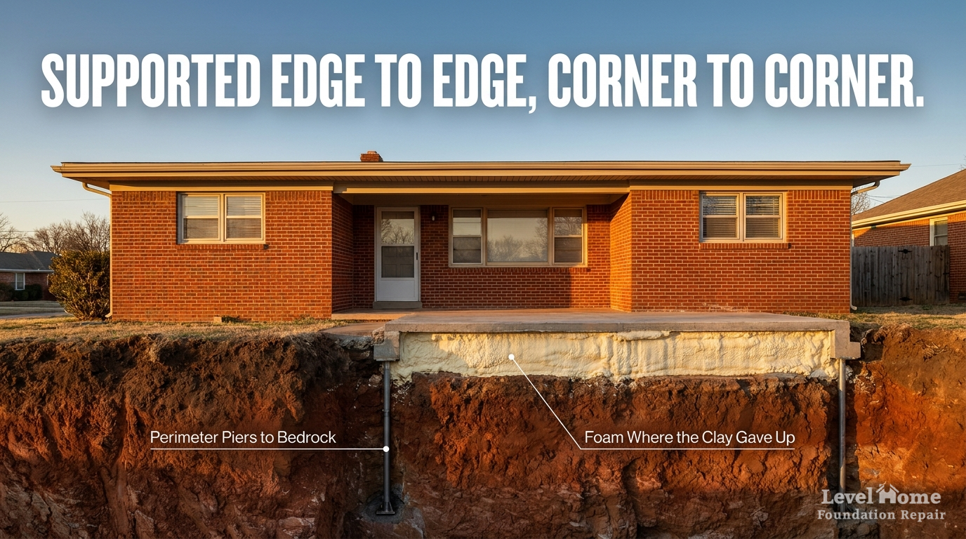 Cross-section diagram of steel pier foundation repair in Tulsa showing perimeter piers driven through clay soil to bedrock with poly foam stabilization beneath a brick home