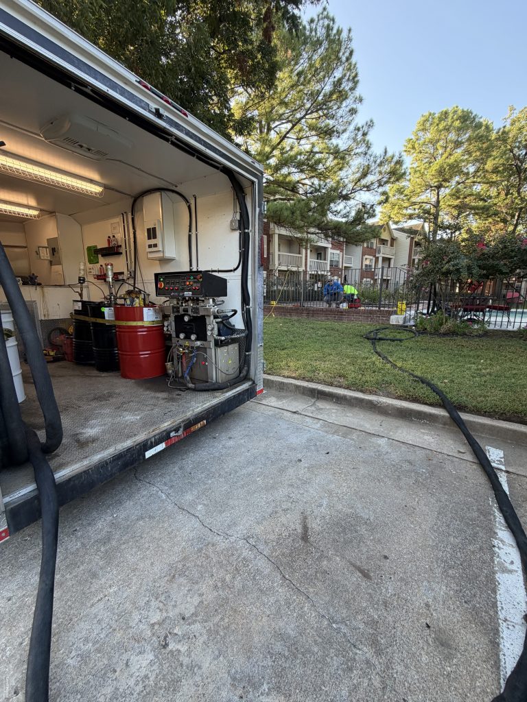 High density polyurethane foam injection for pool deck void filling and concrete lifting at Greenbriar Apartments in Tulsa Oklahoma