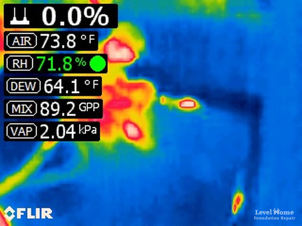 Thermal imaging of polyurethane foam injection under concrete slab in Tulsa showing exothermic chemical reaction and complete void fill by Level Home Foundation Repair