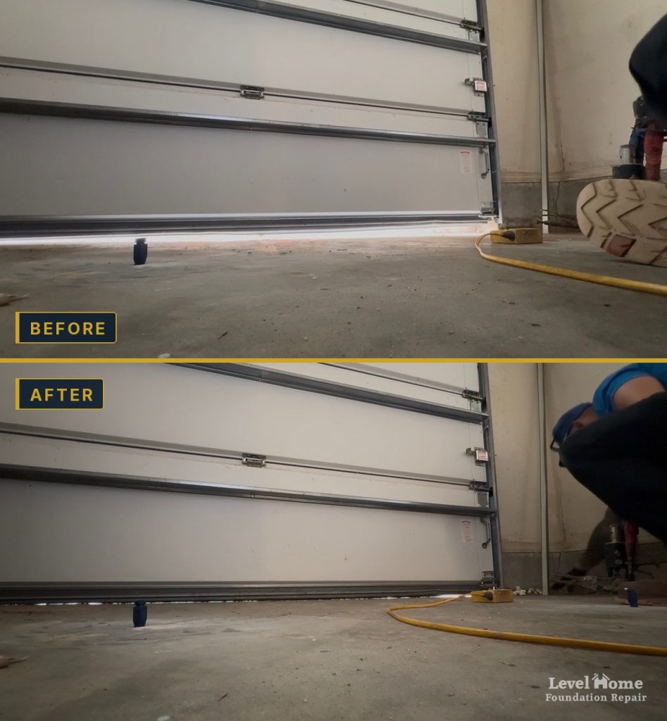 Before and after of a sinking garage slab. Top: daylight under the closed garage door. Bottom: after Level Home lifted the slab, the gap is closed.